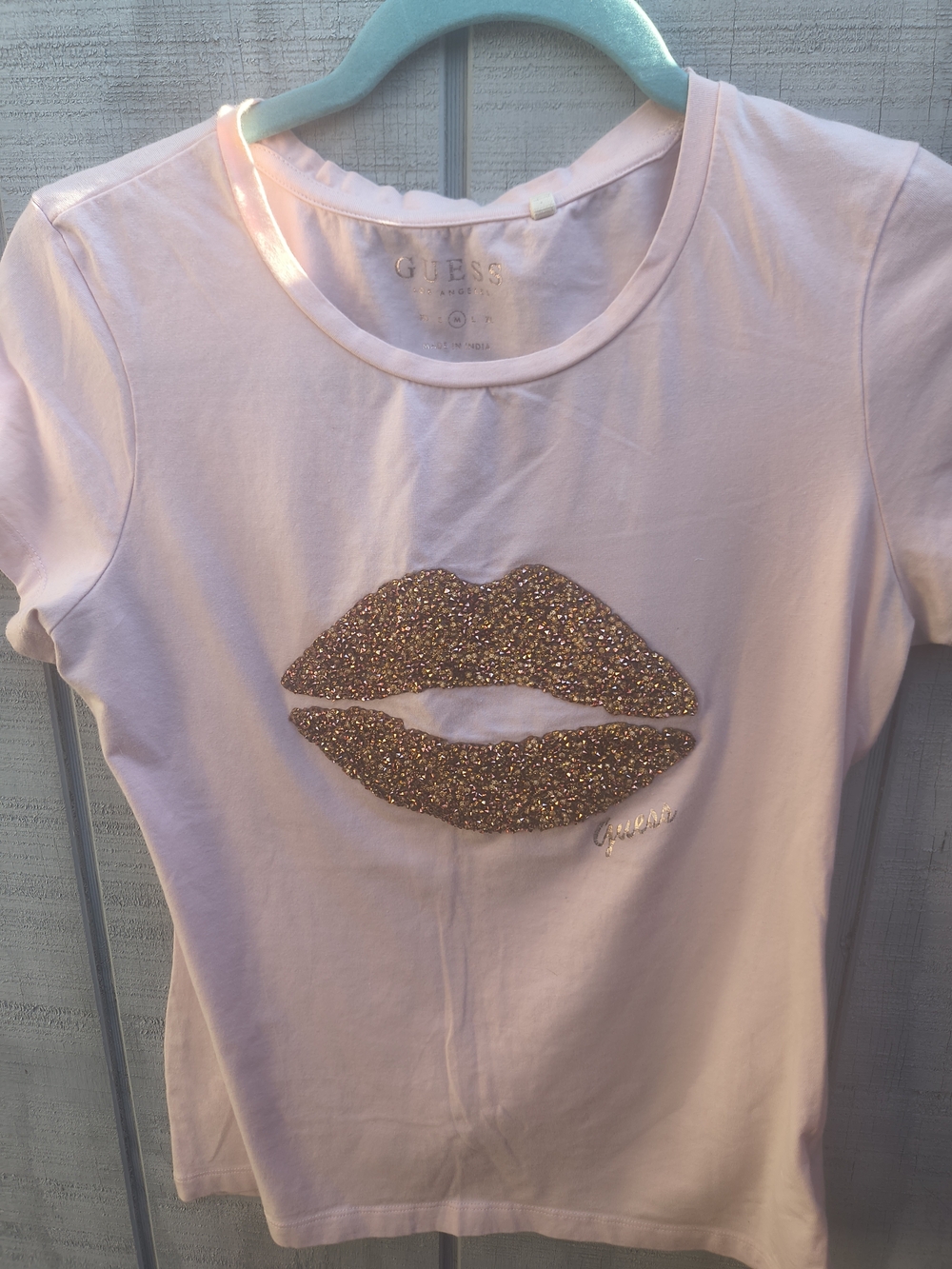 GUESS Pink Tee with Gold Glitter Lip Graphic